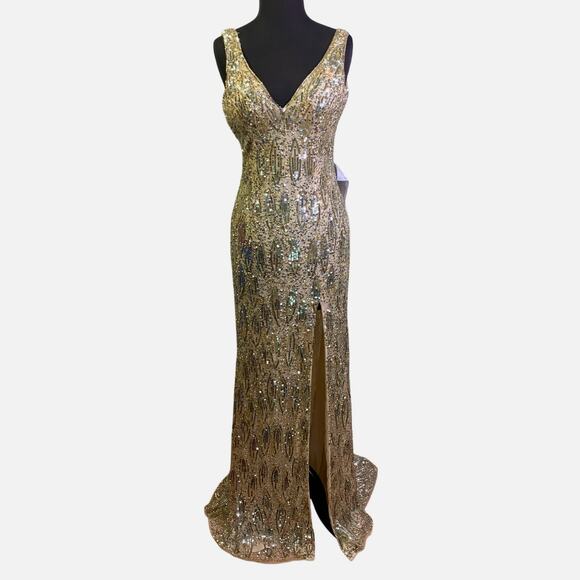 MAC DUGGAL 5018 Dress 2 Cassandra Stone Sequin Gown Plunging Neckline High Slit - Picture 3 of 16